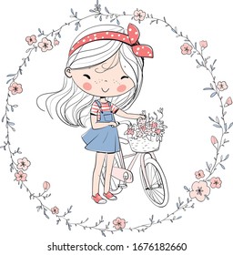 Cute girl with a bike. Wreath of flowers.