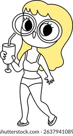 Cute girl in bikini with beach drink cartoon summer element