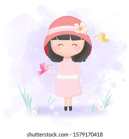 Cute girl and bird cartoon illustration watercolor backgrond