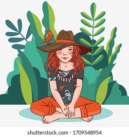 Cute girl with bird in garden. Nature landscape background. Summer holidays illustration. Vacation time