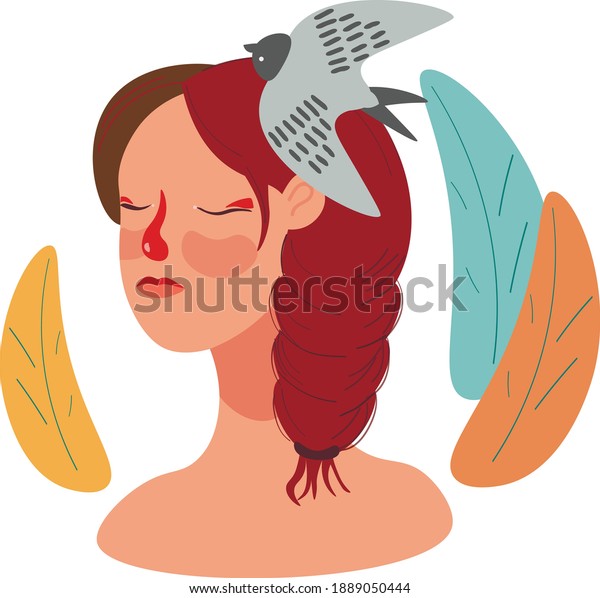 Cute\
girl with bird hand drawn childish vector isolated illustration on\
white background. Concept for print, logo,\
cards