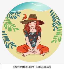 Cute girl with bird. Nature landscape background. Summer holidays illustration. Vacation time