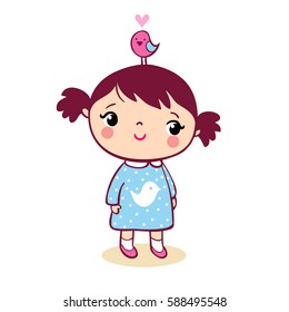 Cute girl with bird
Cute girl with bird on head cartoon illustration