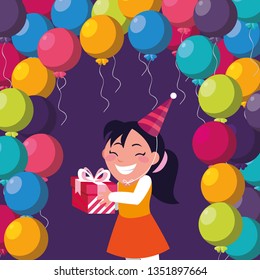 cute girl with birthday balloons helium and gift