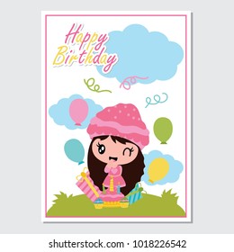 Cute girl and birthday cake on the garden vector cartoon illustration for Happy Birthday card design, postcard, and wallpaper