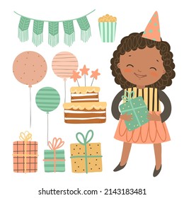 Cute girl with birthday decorations elements on white background. Balloons, gift box, cake and birthday garland. Birthday party hand drawn vector illustration.