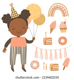 Cute girl with birthday elements on white background. Balloons, ice-cream, piece of cake, candles and birthday garland. Kids birthday party hand drawn vector illustration.