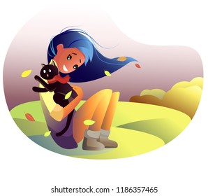 cute girl with a black cat on her hands, vector image