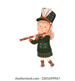 Cute girl in black traditional costume playing flute in marching band parade cartoon vector illustration