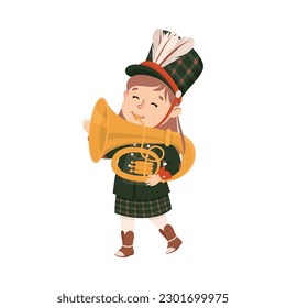 Cute girl in black traditional costume playing tuba musical instrument in marching band parade cartoon vector illustration