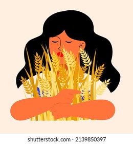 A cute girl with black wavy hair, holding ears of wheat, rye, a Slavic woman, a Belarusian or a Ukrainian woman in the field sniffing the harvest. For printing on T-shirts, postcards. Flat vector illu