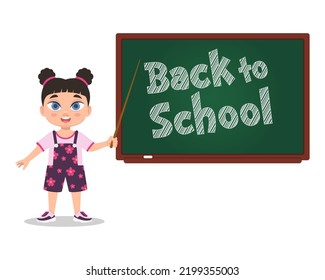 Cute girl at the blackboard with the inscription Back to school. Vector illustration