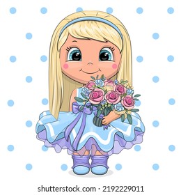 A cute girl with blond hair in a blue dress with a purple bow is holding a bouquet of flowers. Vector illustration on white background with blue dots.