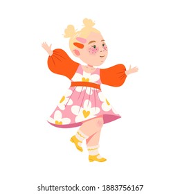 Cute Girl with Blond Hair Dancing and Moving to Music Vector Illustration