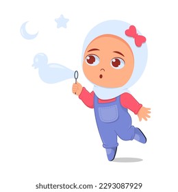 cute girl blowing character soap bubbles