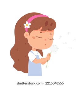 Cute girl blowing dandelion vector illustration. Cartoon isolated kid holding flower in hand to blow on seeds and enjoy time in spring and summer nature, sweet portrait of little person with plant