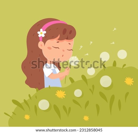 Cute girl blowing dandelion vector illustration. Cartoon isolated kid holding flower in hand to blow on seeds and enjoy time in spring and summer nature, sweet portrait of little person with plant.