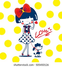 Cute girl blowing heart bubble with poodle dog on polka dot background illustration vector.