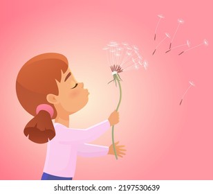 Cute girl blowing on dandelion, flower seeds flying away with wind vector illustration. Cartoon little kid enjoying spring in nature, make wish background. Childhood, aspirations, imagination concept