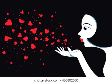 Cute girl blows and hands hearts  Air kiss  Illustration for romantic greeting cards   messages 