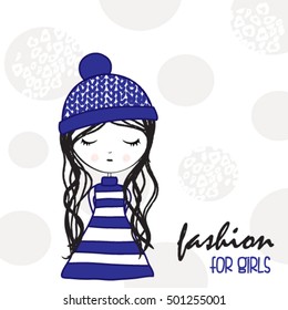 cute girl in blue cap, fashion for girls, T-shirt graphics for kids vector illustration