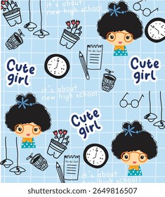 cute girl blue doodle vector hand drawn 