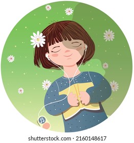 A Cute Girl In A Blue Dress And A Book In Her Hands Lies On The Grass Under A Tree. Headphones In Her Ears, She Closed Her Eyes And Listens To Music. Summer Cute Illustration