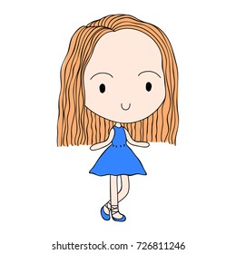Cute Girl in Blue Dress Cartoon Vector Illustration