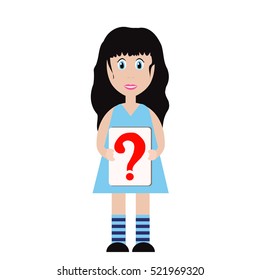 Cute girl in a blue dress, holding a sheet of paper with a big question mark sign on . Isolated on white background. Tablet with question mark