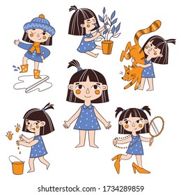Cute girl in a blue dress, plays with a cat, dresses mother's shoes, eats leaves of a houseplant, draws on the walls, splashes water in a puddle