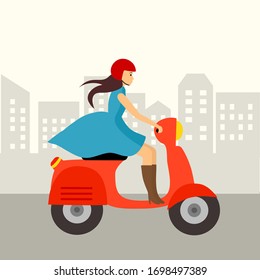 Cute girl with blue dress riding red scooter concept vector illustration. She has a helmet on her head. Woman ride a motorbike in the city in flat design.