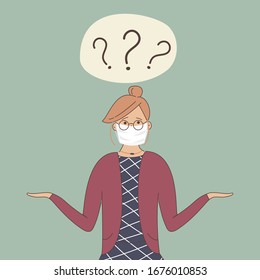 A cute girl in blue dress shrugs with naive curious funny face and arms apart. Three question marks above her head.The concept of woman in search of an answer to a complex question.Vector.Hand drawn