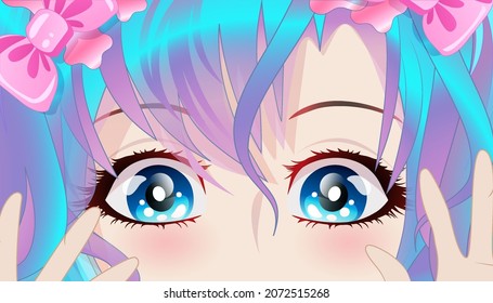 Cute Girl With Blue Hair And Blue Eyes In Anime Style. Vector Illustration.