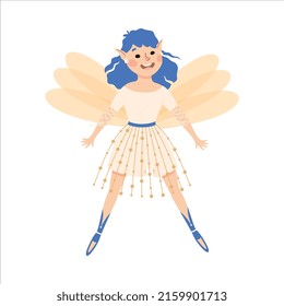 Cute Girl with Blue Hair Flying with Wings Vector Illustration