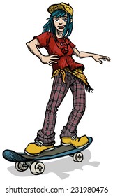 cute girl with blue hair skateboarding, vector illustration