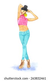 Cute girl in blue jeans. Watercolor. Vector