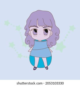 Cute girl in blue turtle neck dress and violet curl long hair style on the star zodiac sign Aquarius background. Hand drawn illustration.