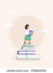 Cute girl with book. Children's literature fan. Early education. Vector illustration.