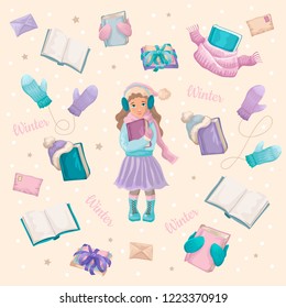 Cute girl with the book in hands, around a pattern from books, mittens, caps and scarfs. Christmas decorations with winter season objects. Vector cartoon illustration. Isolated on background.