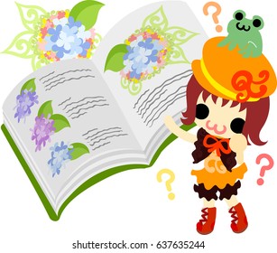 A cute girl and a book of hydrangeas