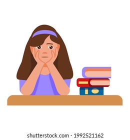 A cute girl is bored in class. The schoolgirl is tired at school. back to school.  Vector illustration in flat cartoon style isolated on white background