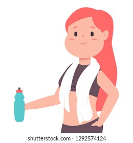 Cute girl with a bottle of water and a towel around her neck is resting after a workout. Vector cartoon woman character isolated on white background.