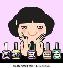 Cute Girl With Bottles Of Colorful Nail Polish Concept Card Character illustration