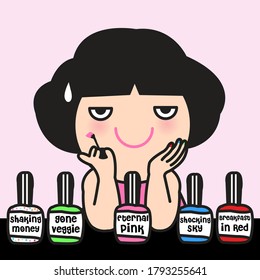 Cute Girl With Bottles Of Colorful Nail Polish Concept Card Character illustration