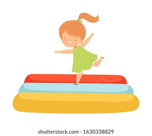 Cute Girl Bouncing on an Inflatable Trampoline, Happy Kid Trampolining and Having Fun, Active Children Leisure Vector Illustration