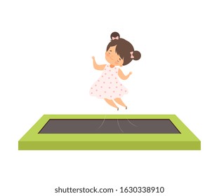Cute Girl Bouncing on a Trampoline, Happy Kid Trampolining on a Playground, Active Children Leisure Vector Illustration