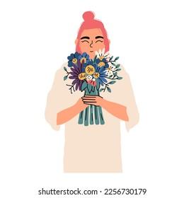 Cute girl with a bouquet of flowers in her hands. postcard design, card. Vector hand drawn illustration. Vector hand drawn illustration