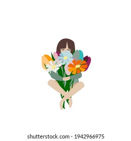 cute girl with a bouquet of flowers sits on a burgundy chair with a red cat on a yellow carpet