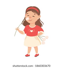 Cute Girl with Bouquet Tulip Flowers, Adorable Child Character with Romance Feelings Symbols, Happy Valentines Day Concept Cartoon Vector Illustration