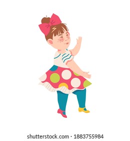 Cute Girl with Bow in Hair and Flared Skirt Dancing and Moving to Music Vector Illustration